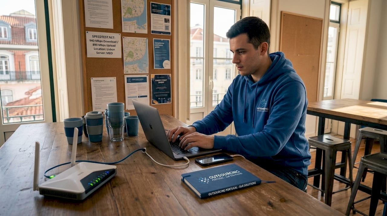 Coworker uses broadband in Lisbon space