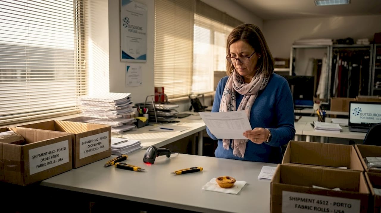 Logistics worker reviewing shipment manifest in textile office