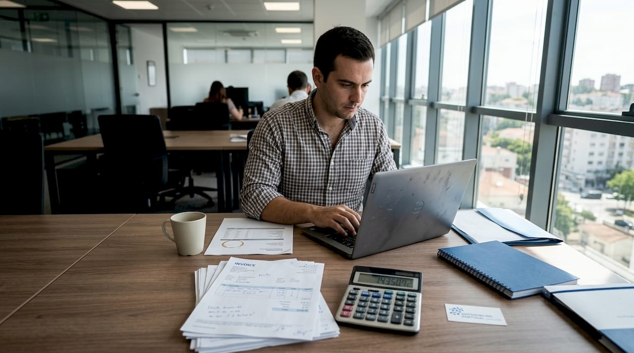 Analyst calculating HR cost savings in workspace