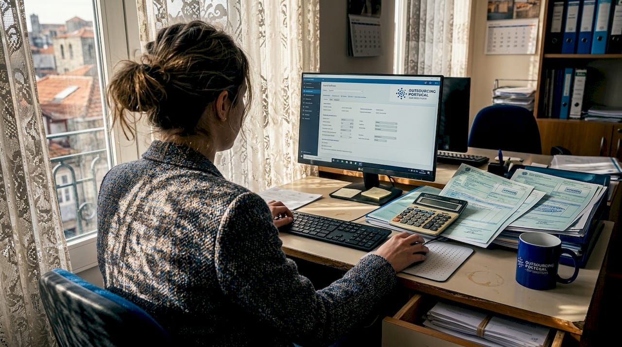 Payroll administrator working at desk in Portugal