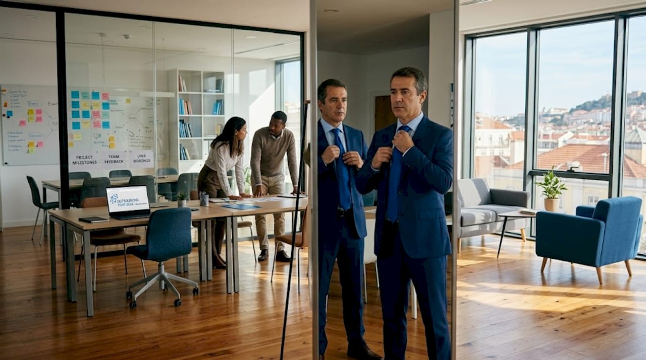 Portuguese professionals in office morning routine