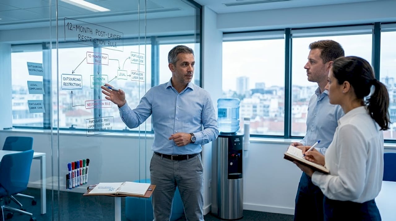 Director explains outsourcing law at whiteboard