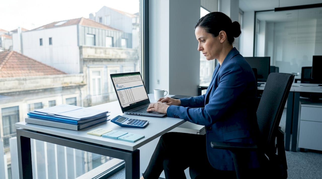 Payroll manager reviewing budget spreadsheets