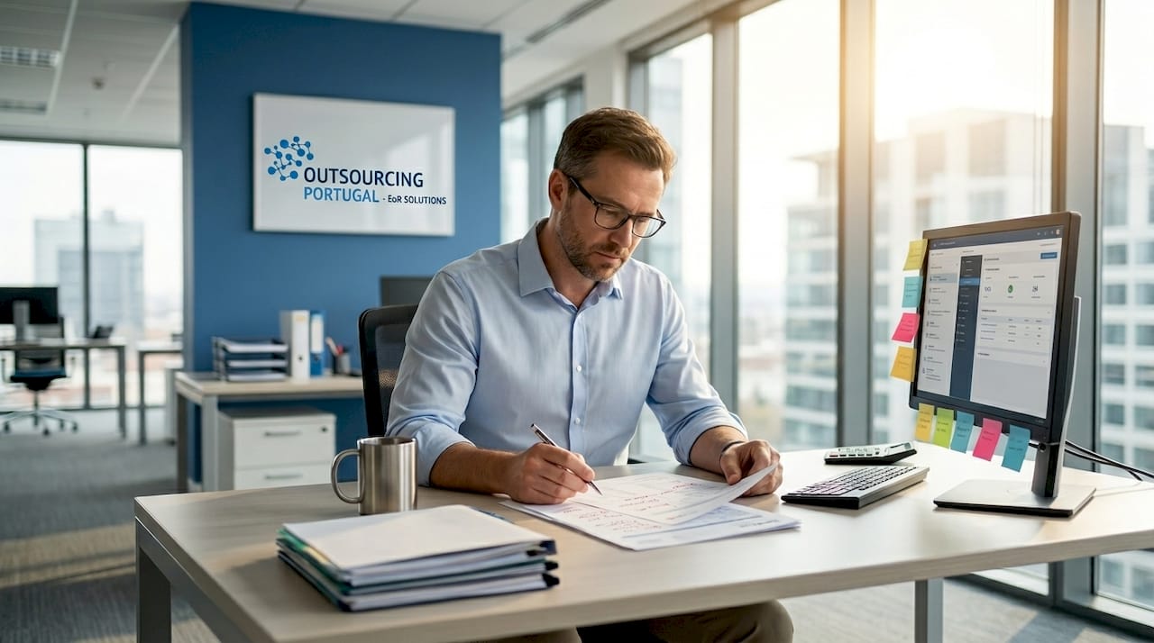 Manager reviewing payroll paperwork at office desk