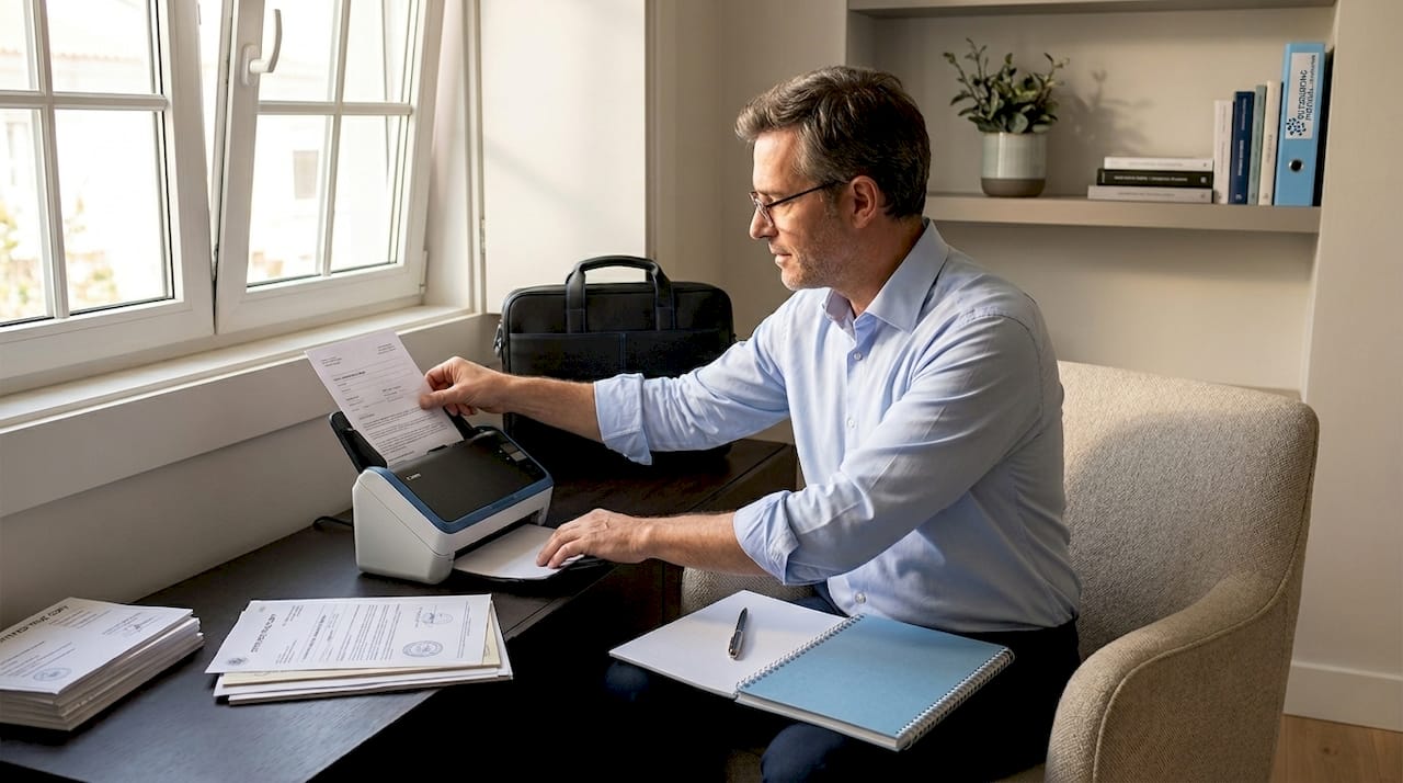 Man scanning and organizing certified paperwork