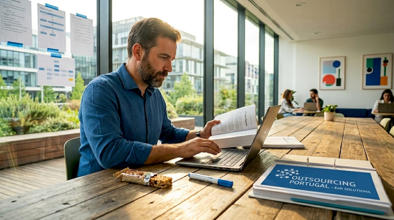 Specialist updating contract playbook in meeting room