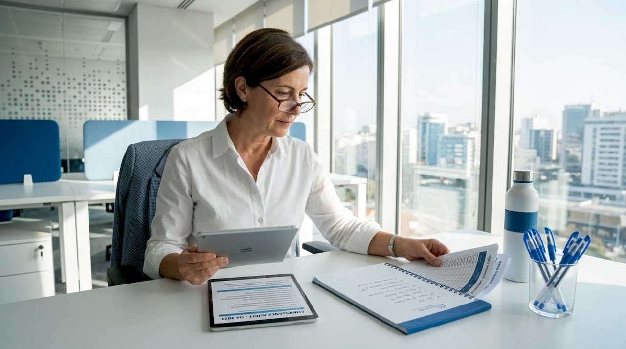 Compliance officer checks audit documents at workspace