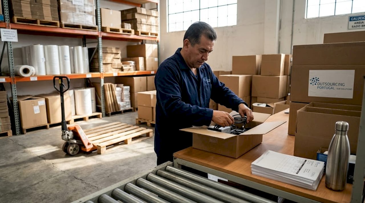 Factory worker assembles goods at conveyor