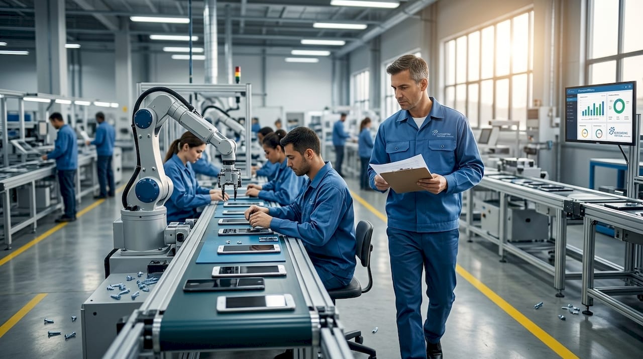 Factory supervisor monitoring outsourced assembly line
