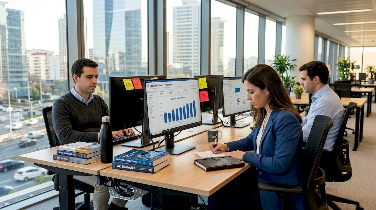 Specialist squad reviewing KPI metrics in office