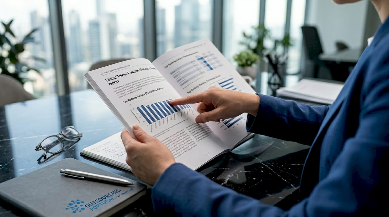 Hands pointing at talent competitiveness report