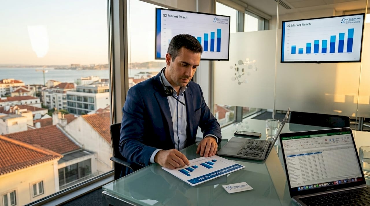 Businessman reviewing market reach report