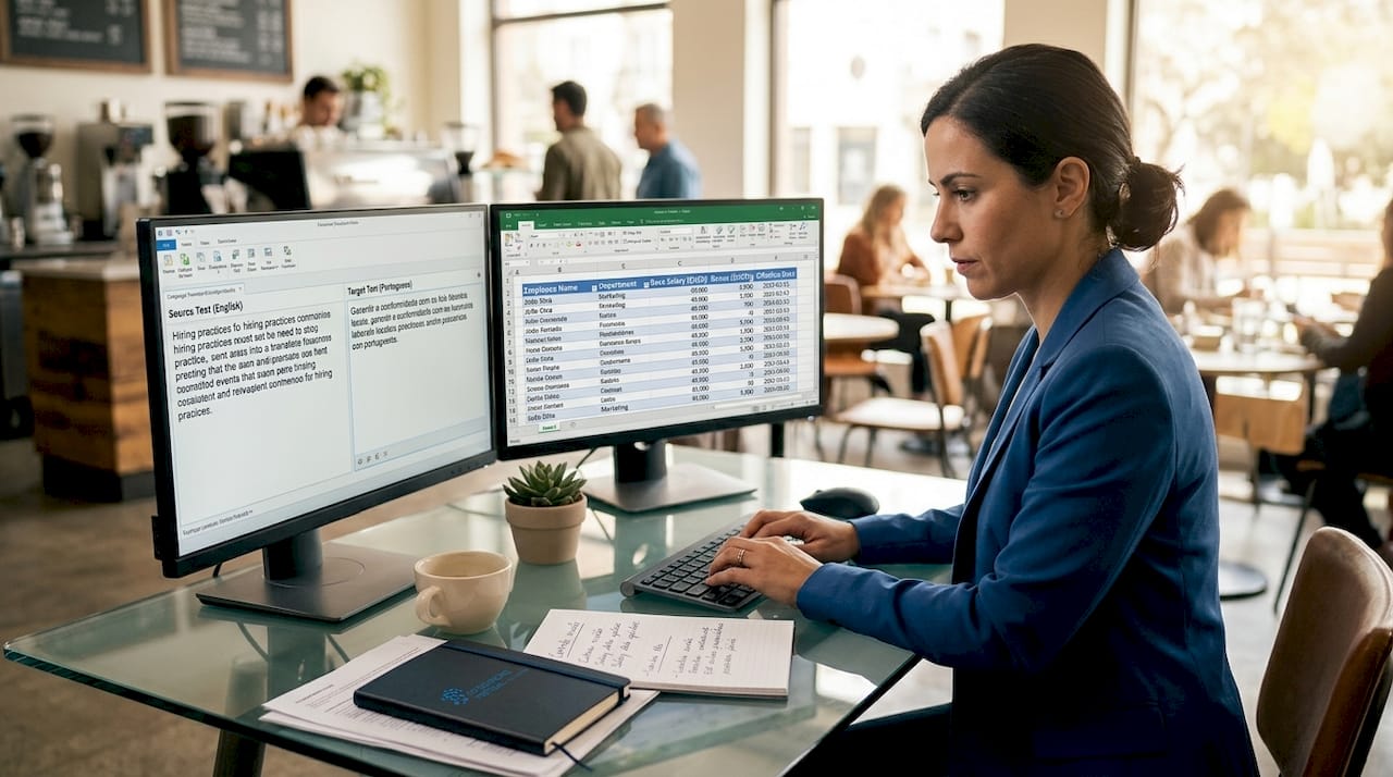 Bilingual employee typing at office desk