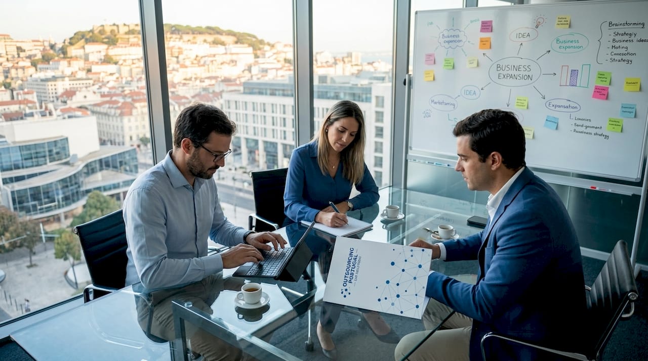 Team collaborating on business growth strategy in office