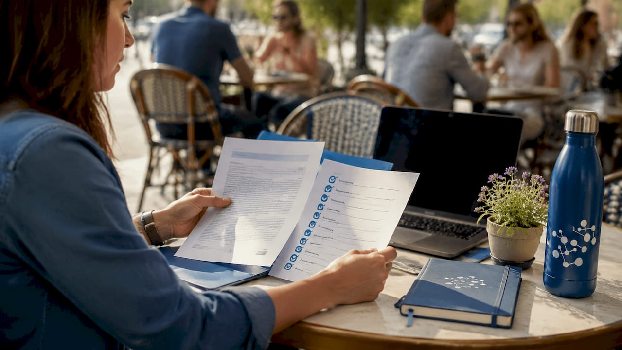 Hands assembling international onboarding compliance paperwork