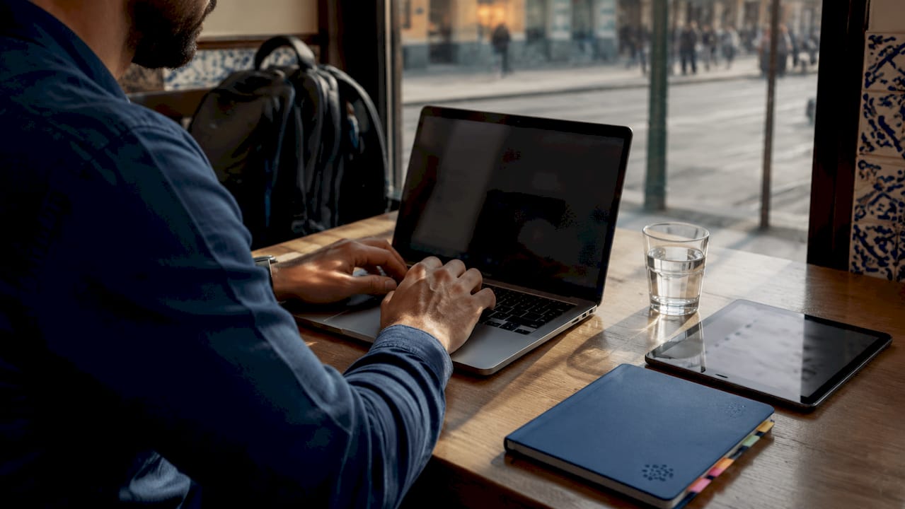 Hands typing on laptop in coworking space