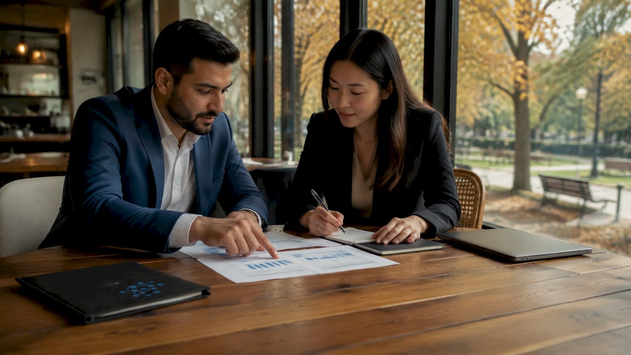 Two professionals discussing budget documents
