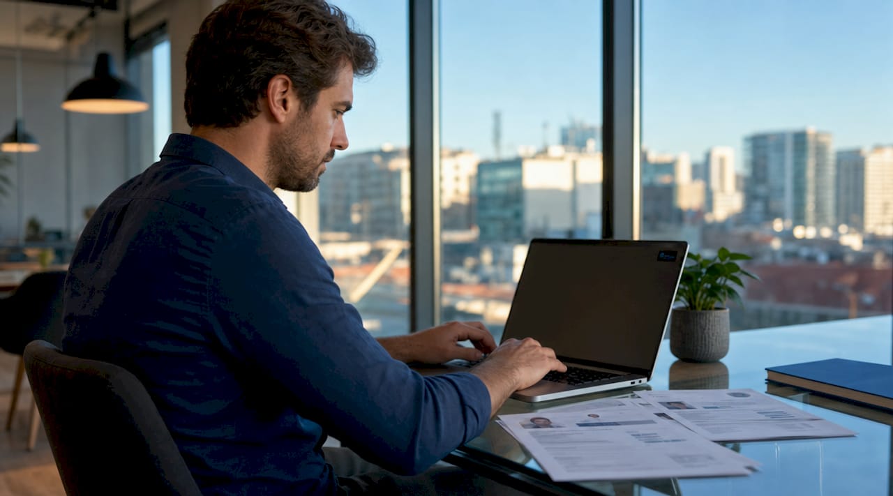Engineer typing in European home office setting