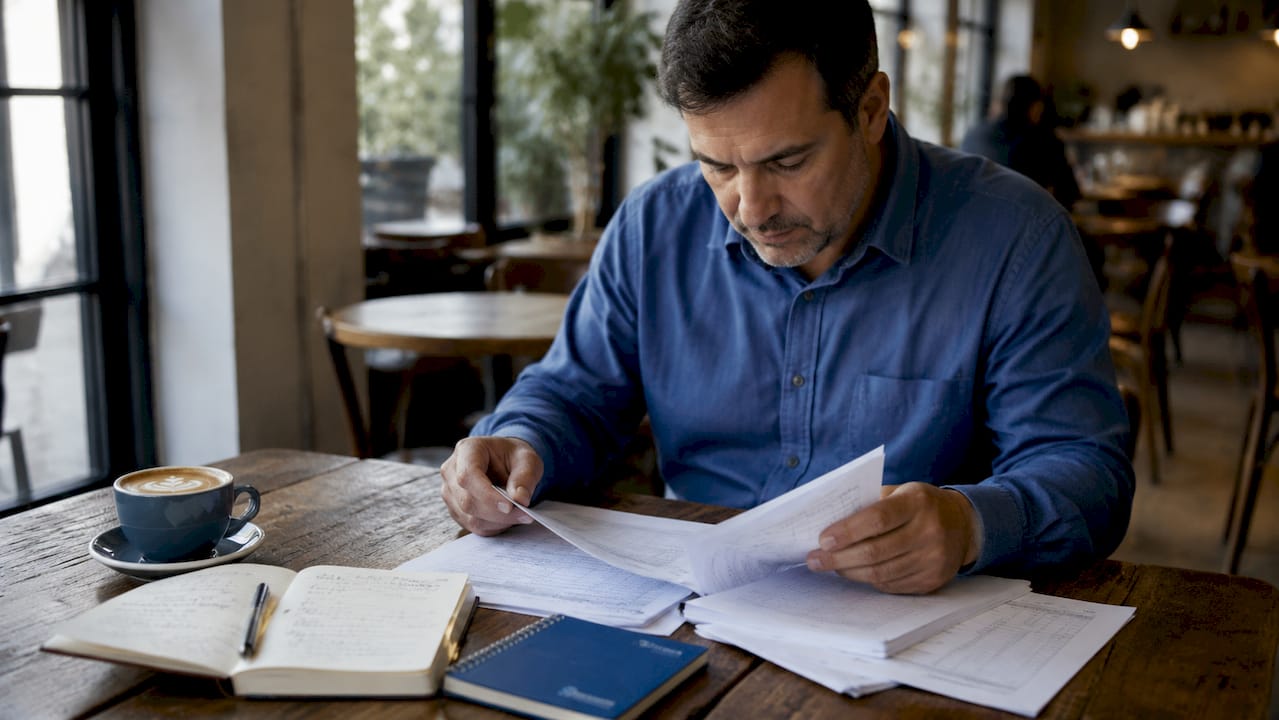 Hands sorting payroll documents in office cubicle