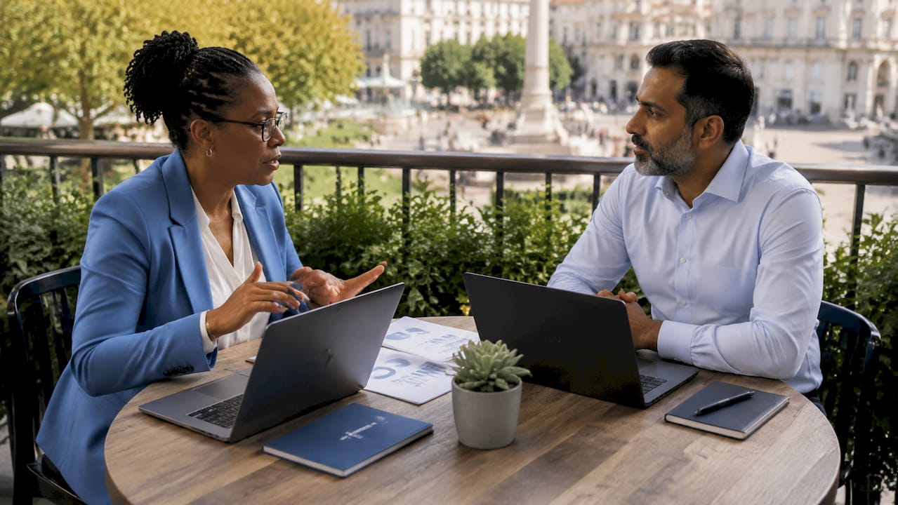 Colleagues discussing remote team operating models in office