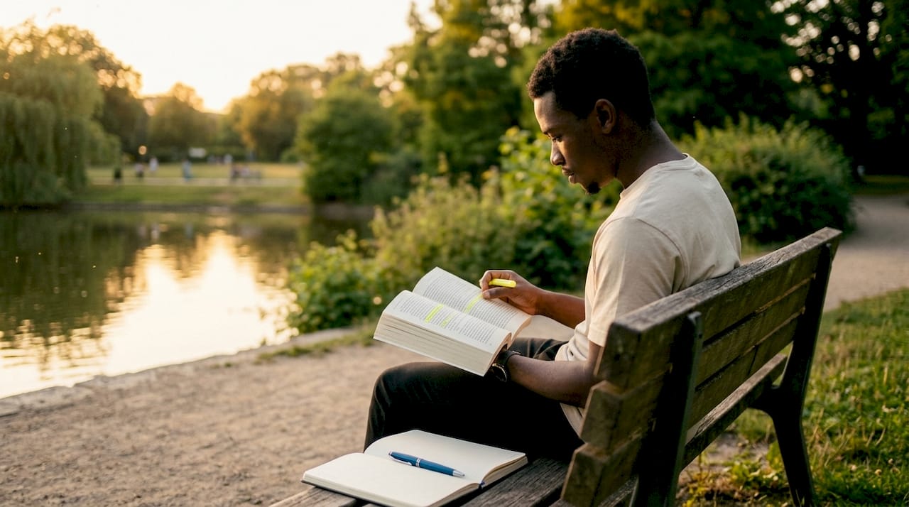 Young man studying foreign language at desk
