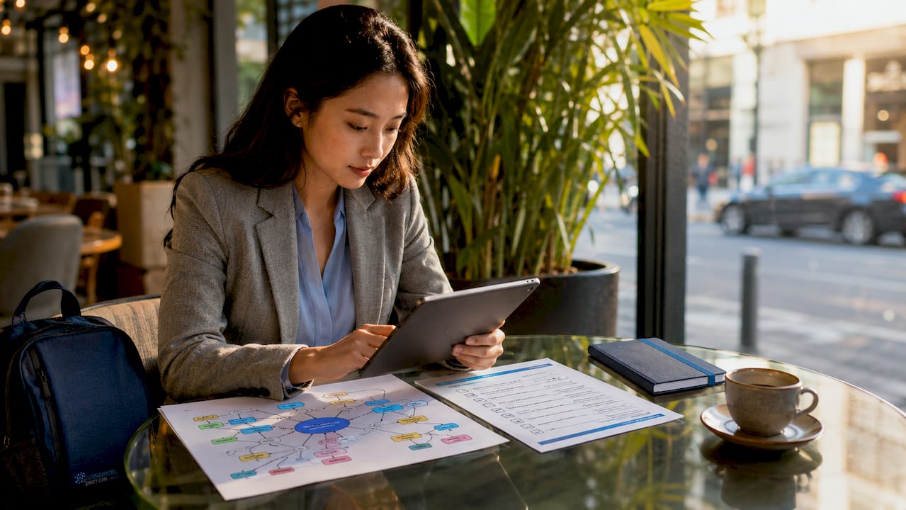 Professional woman planning market entry in coworking space