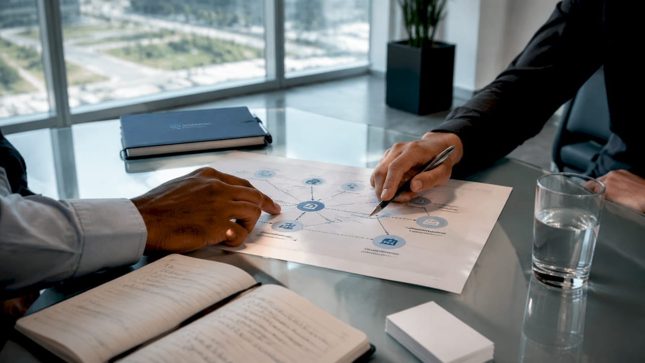 Hands discussing market entry strategies over chart