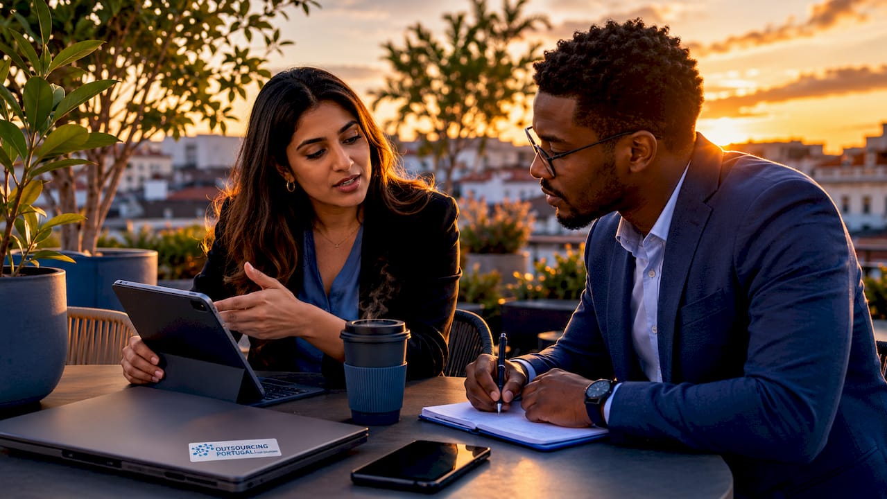 Two colleagues discussing market research
