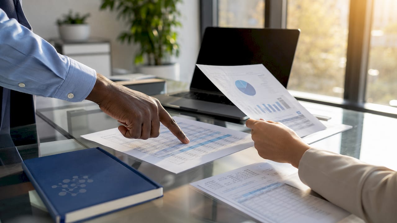 Close-up of hands handling payroll paperwork