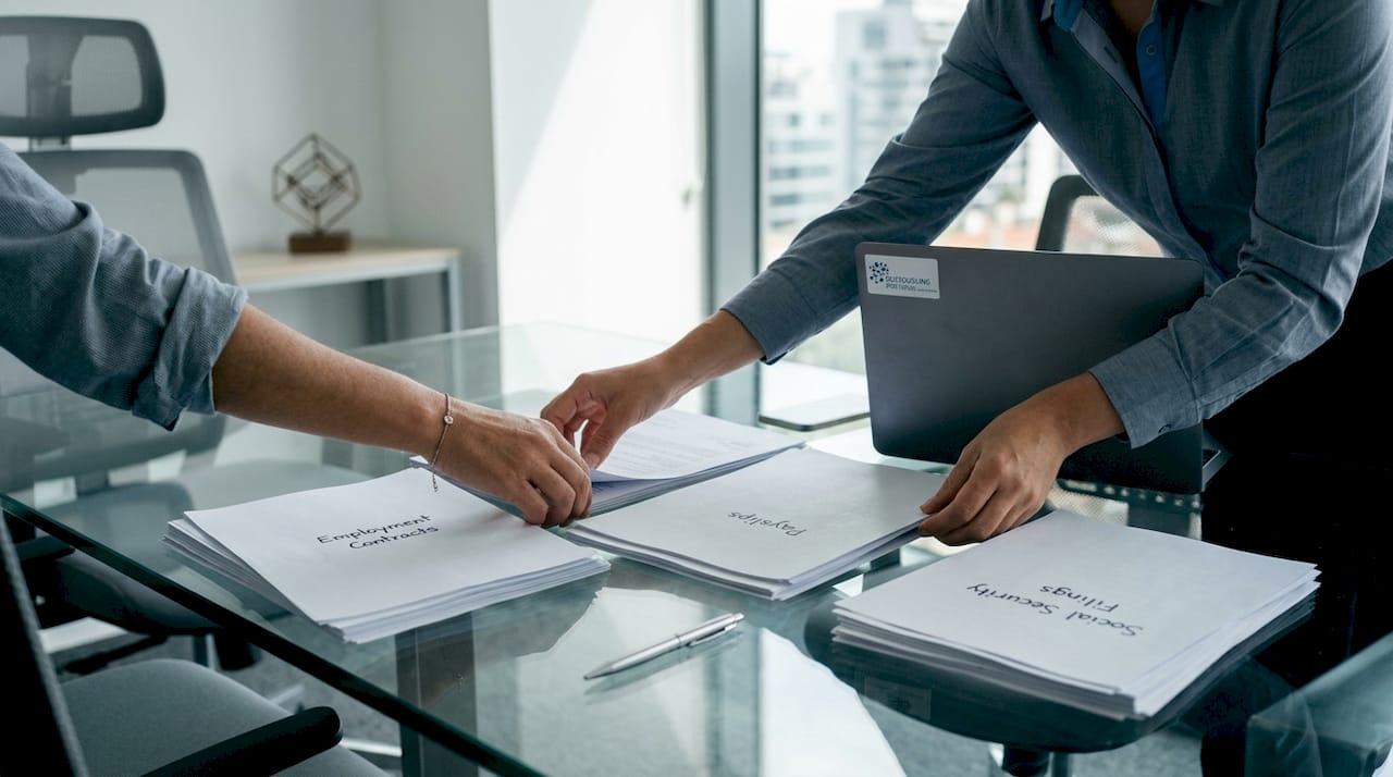 Hands sorting payroll document folders