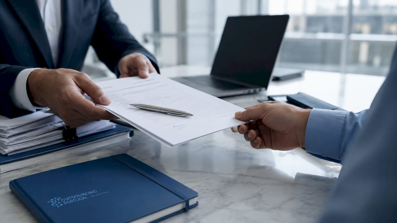 Hands exchanging approved payroll document