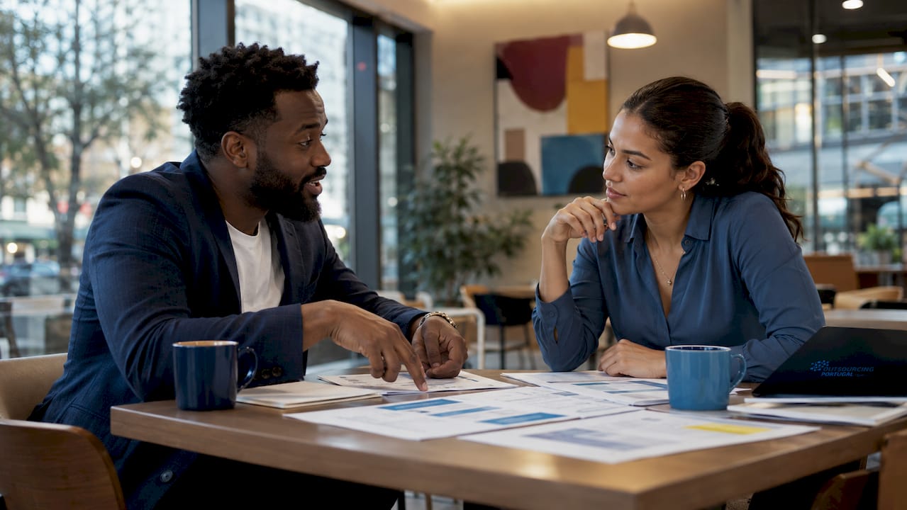Two HR consultants discussing documents at conference table