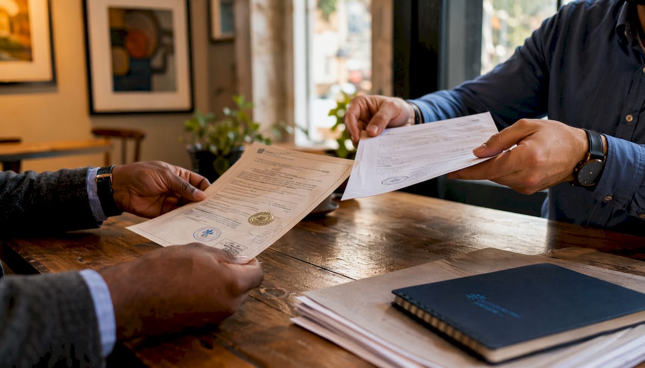 Hands exchanging certified visa documents and translation