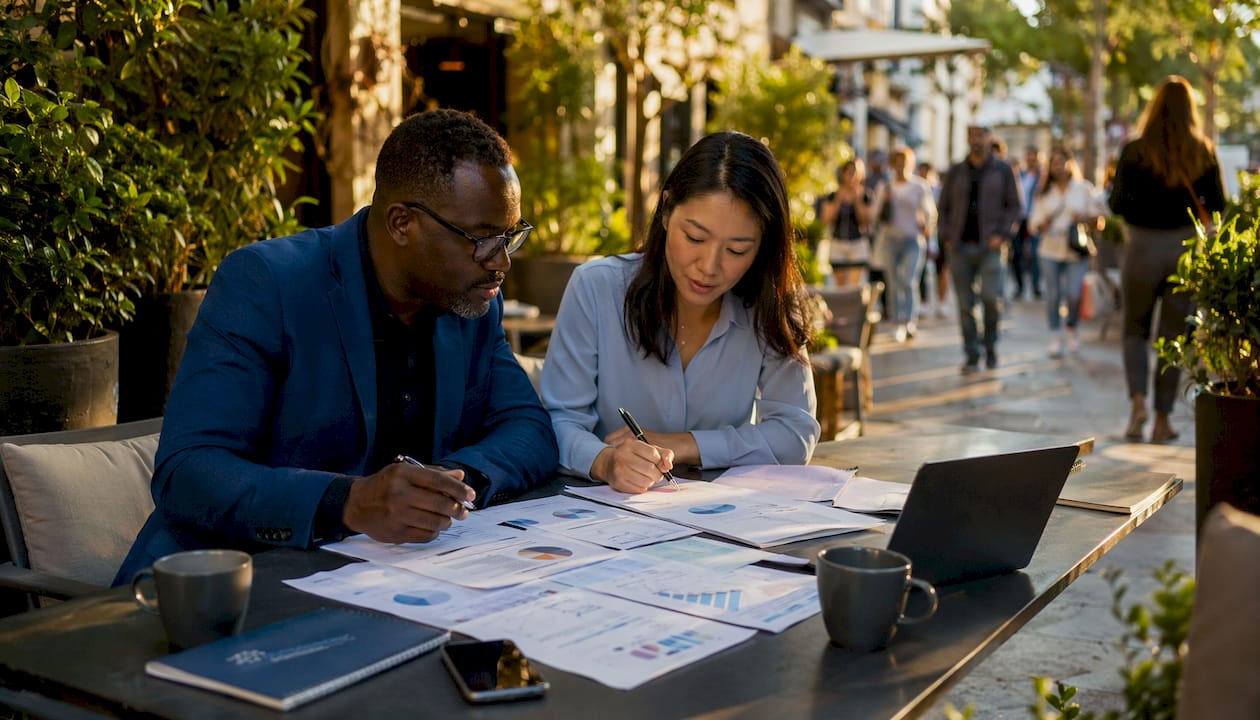 Diverse team reviewing HR reports in meeting room