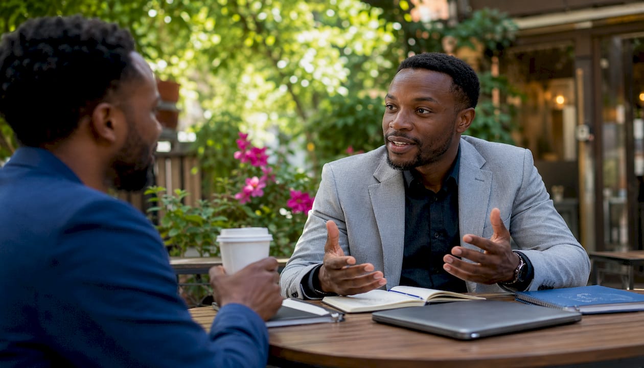 Two men networking over coffee in café
