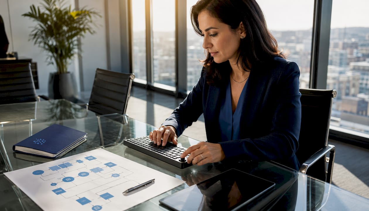 Hands adjusting AI hiring process documents