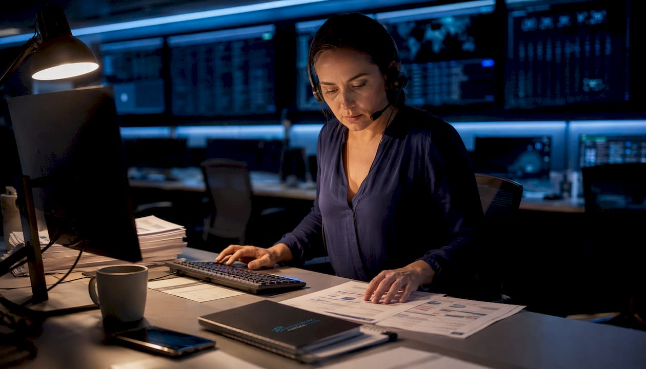 Cybersecurity analyst working in monitoring room