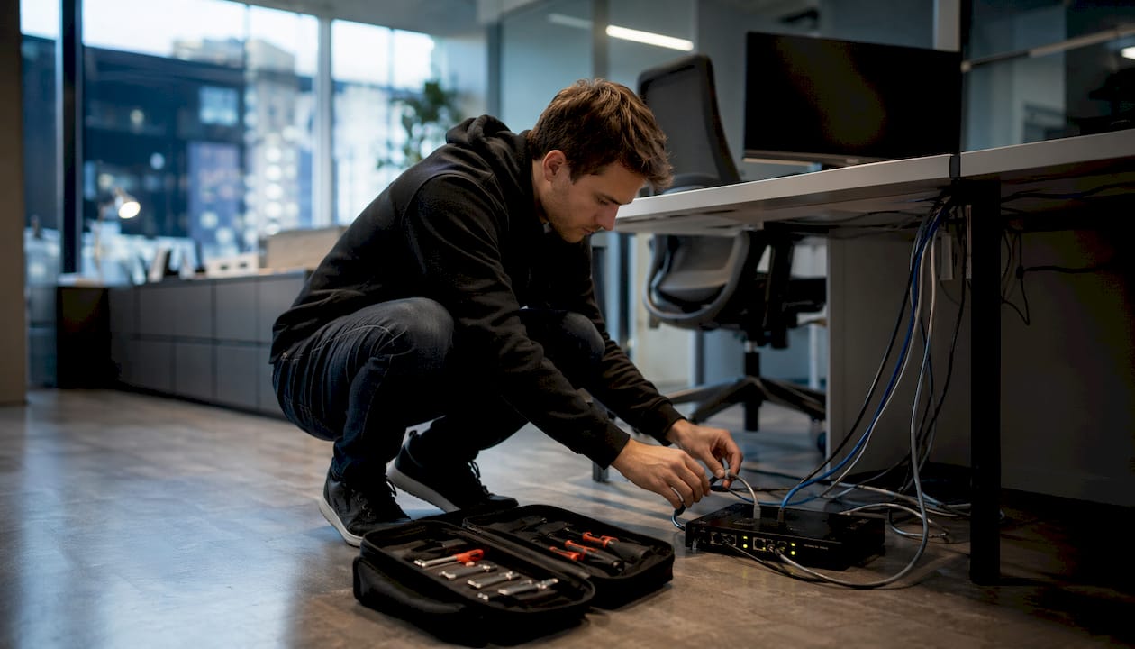 IT specialist configuring network hardware
