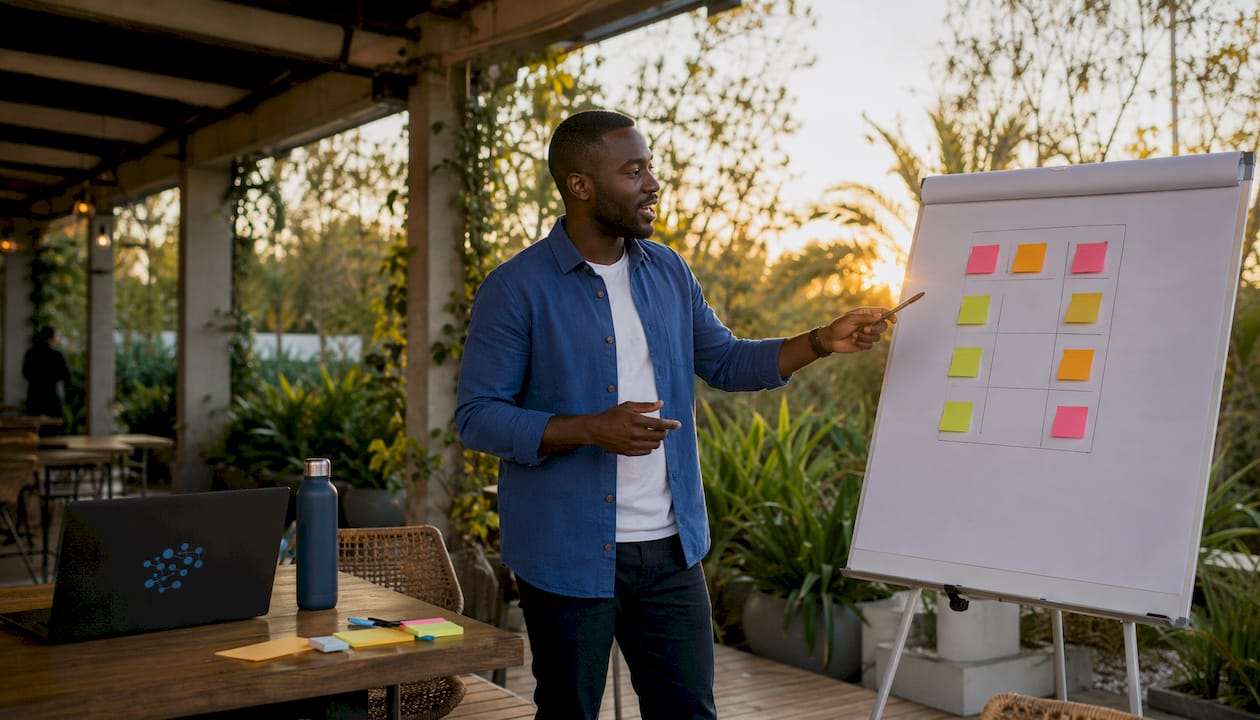 Man explaining remote platform categories on whiteboard