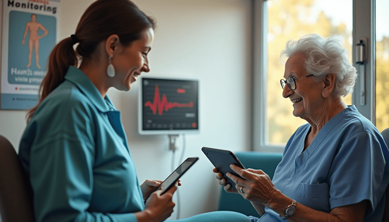 Elderly patient in exam room, video call with nurse, remote monitoring poster