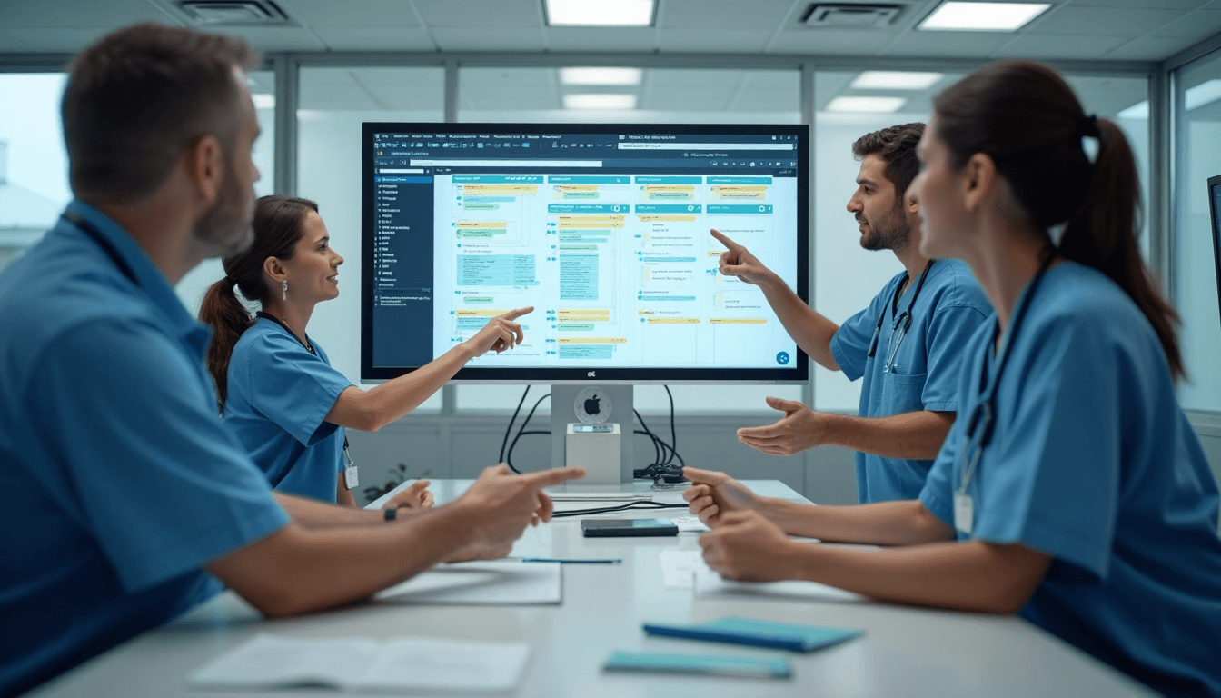 Hospital staff collaborating on workflow optimization at workstation