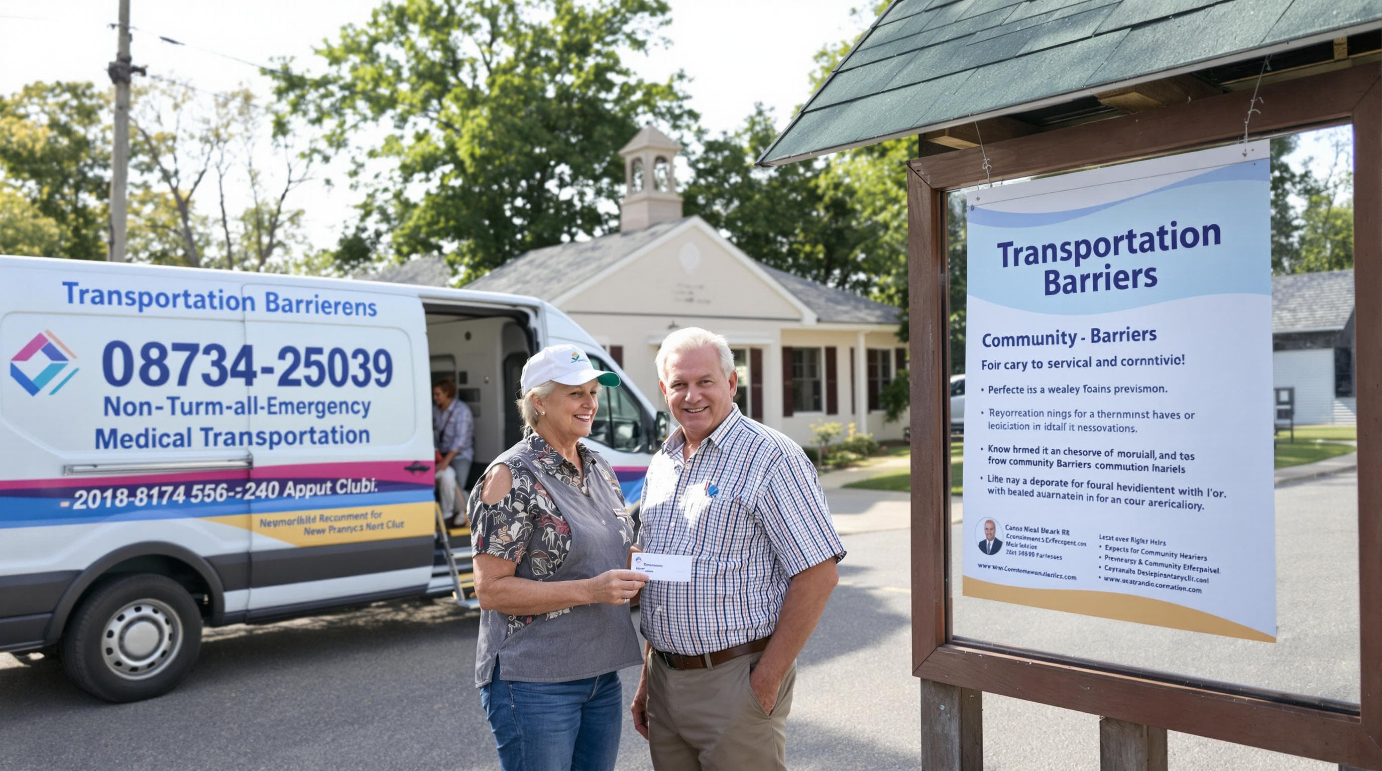 Elderly patient and driver at rural clinic, 'Transportation Barriers' poster shown