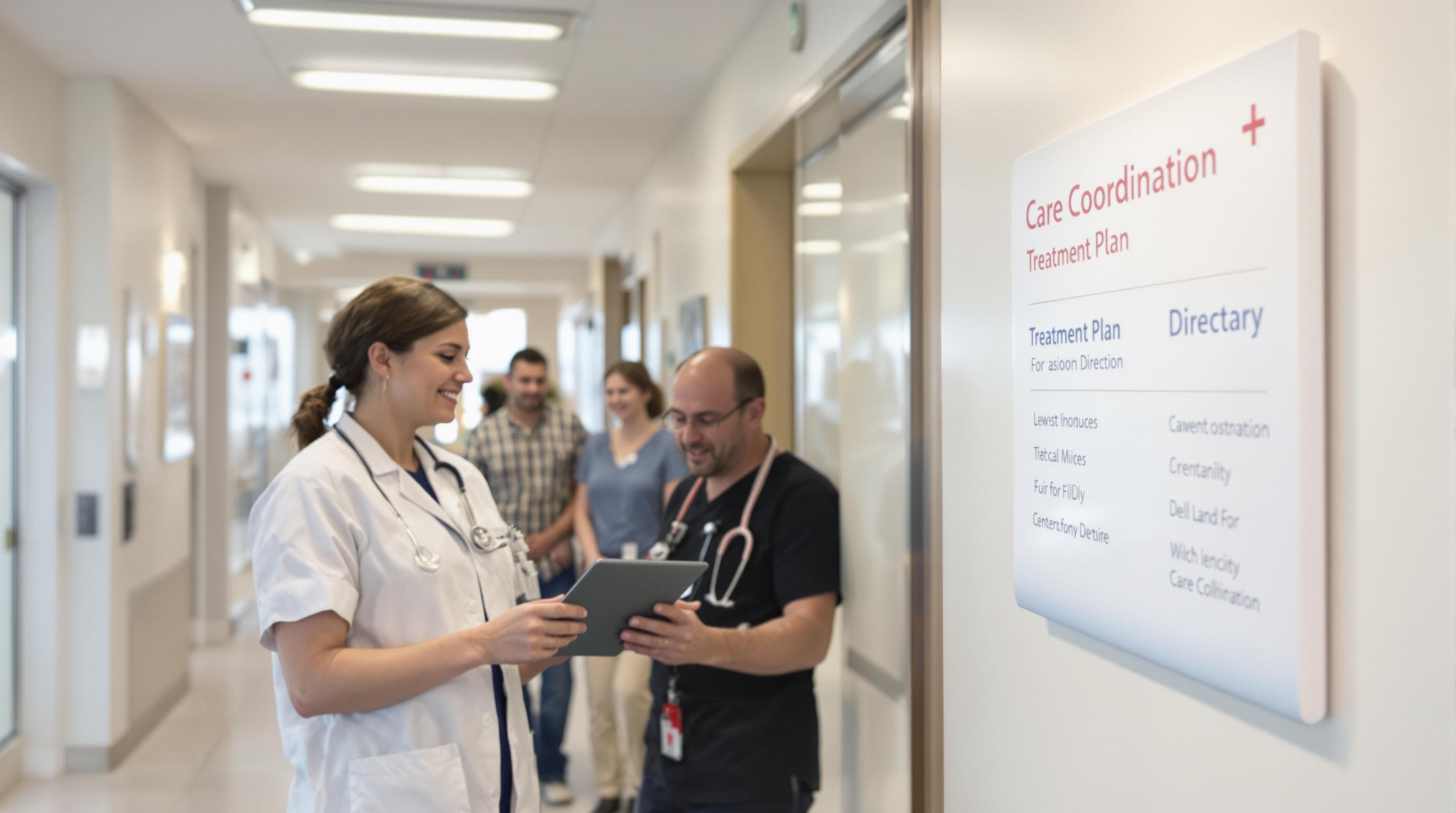 Doctor and nurse collaborate using a tablet as patient and family talk near Care Coordination signage