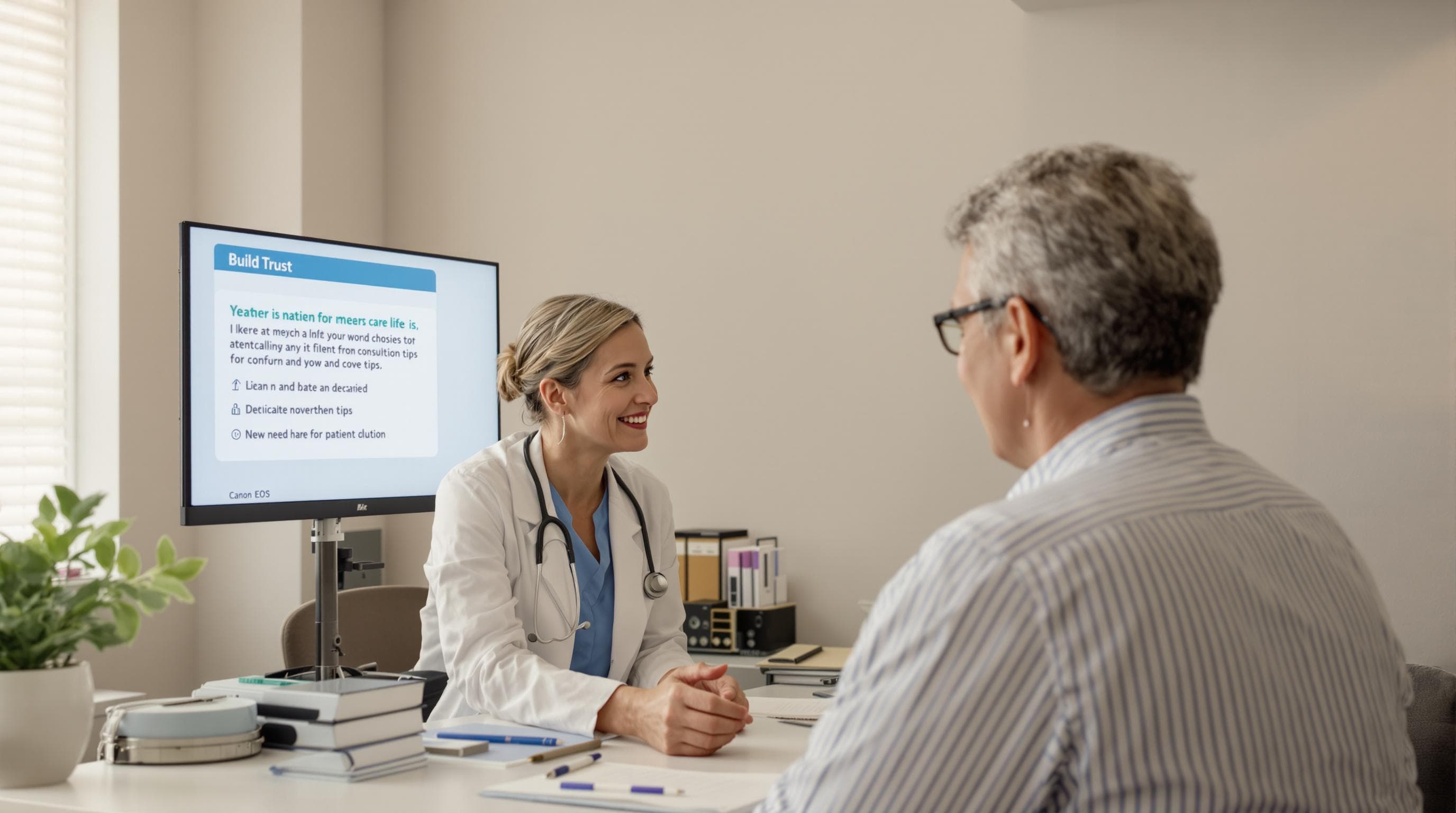 Doctor and patient talking in clinic, 'Build Trust' shown on screen