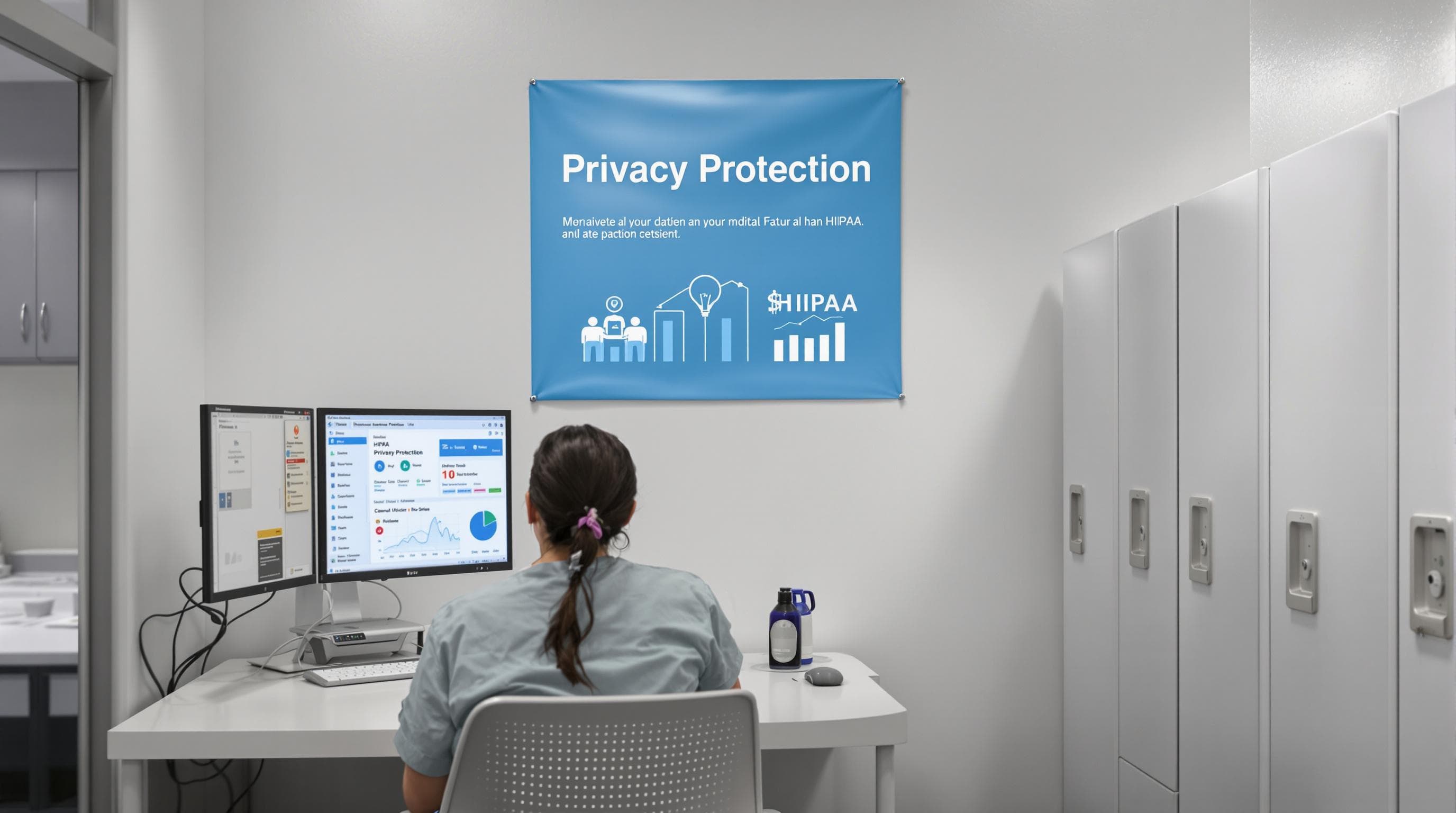 Medical records office showing HIPAA privacy compliance with visible privacy poster