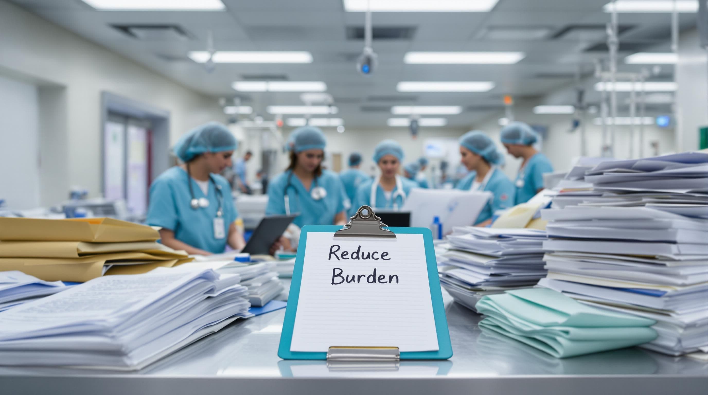 Nurses and doctor tackle admin paperwork at ICU station to highlight workflow challenge