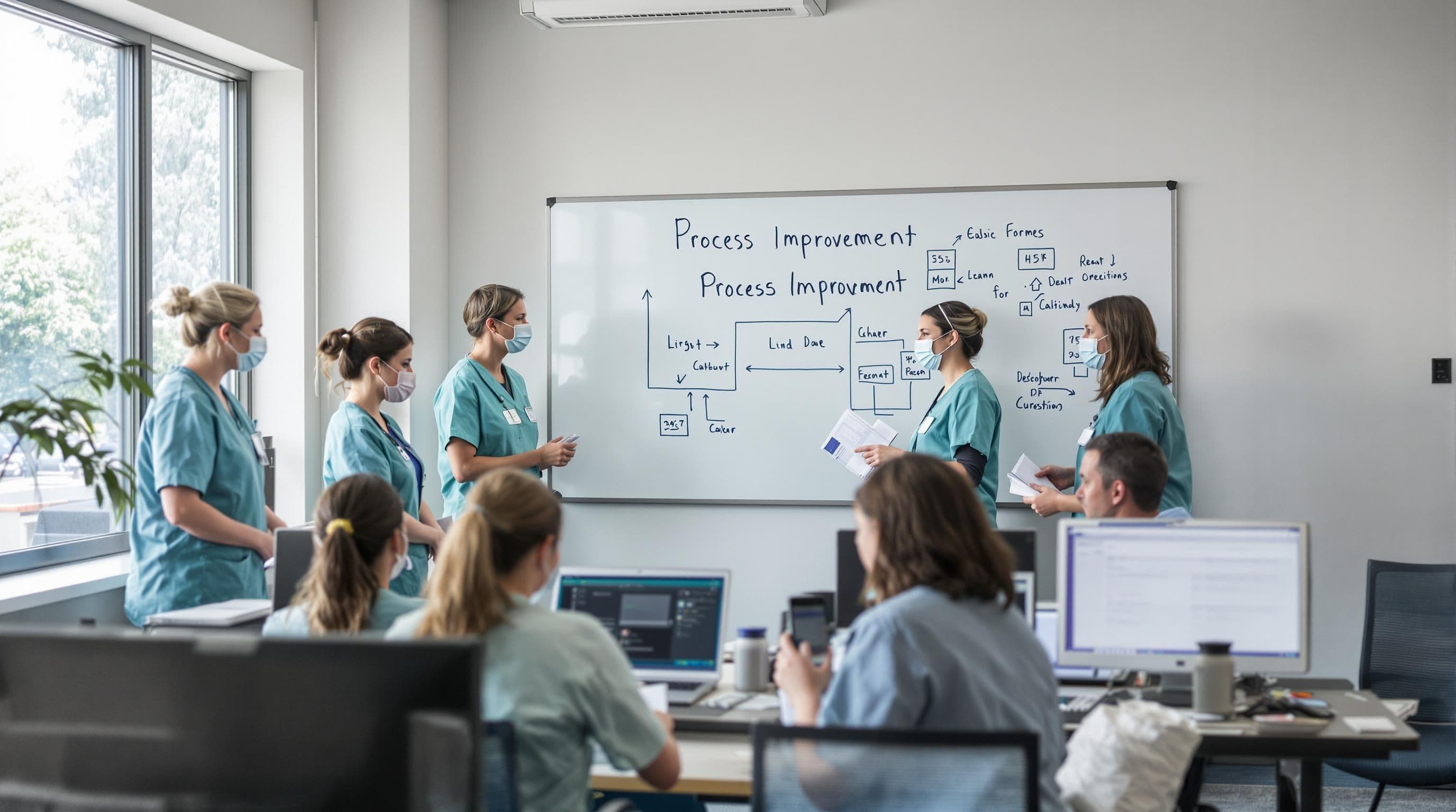 Healthcare professionals collaborate on workflow improvements by whiteboard marked 'Process Improvement'