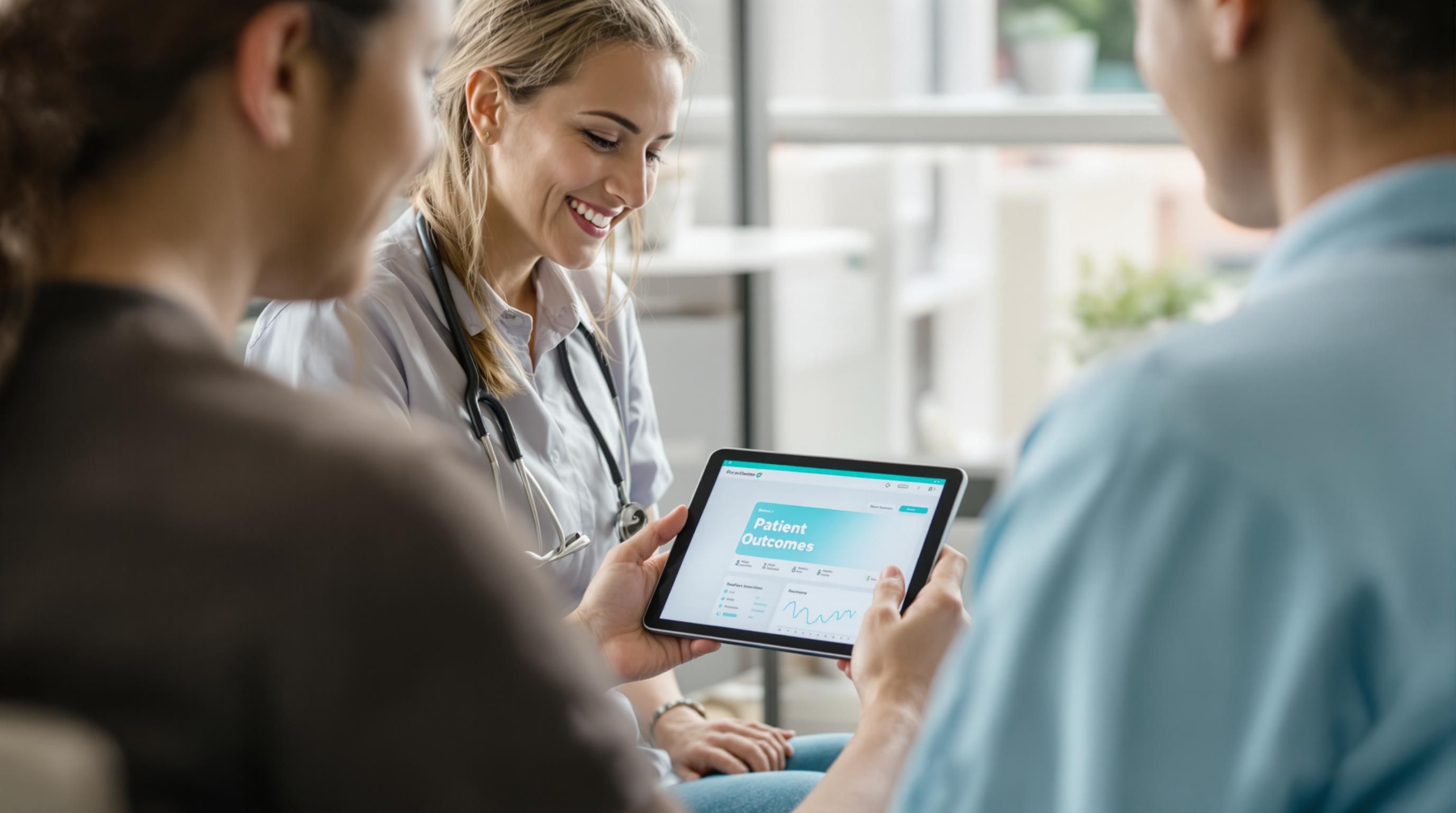Healthcare provider discusses digital patient data in clinic with patient