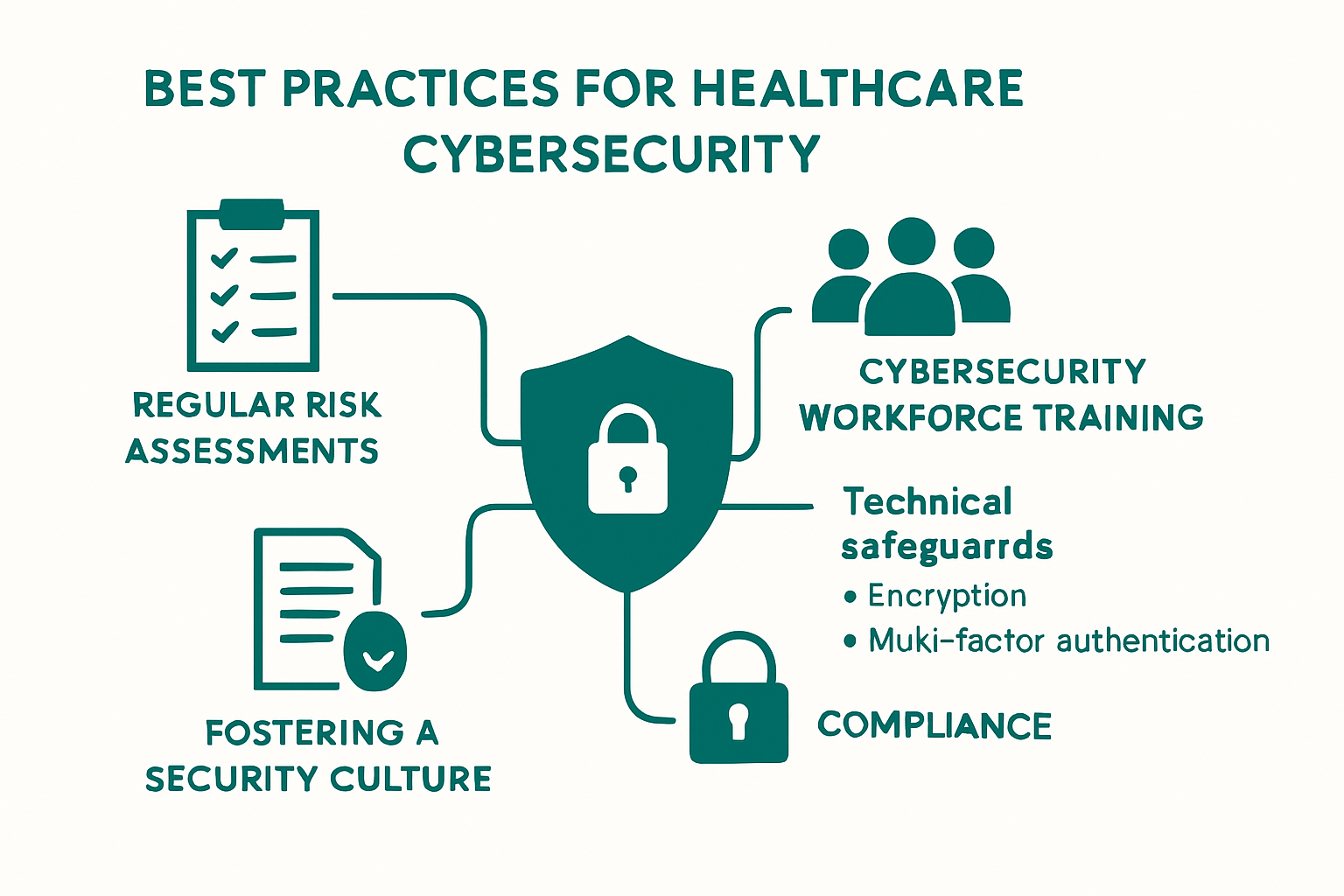 Healthcare cybersecurity best practices infographic with icons and process steps