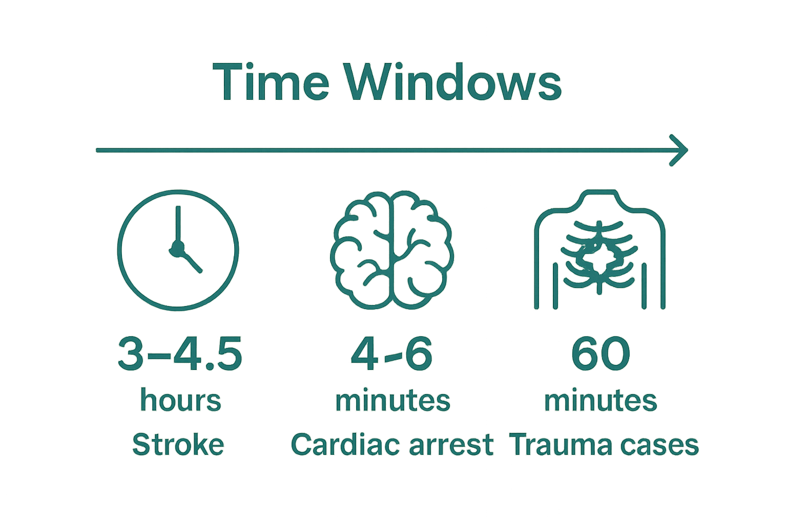 Infographic visualizing emergency time windows for stroke, cardiac arrest, trauma.